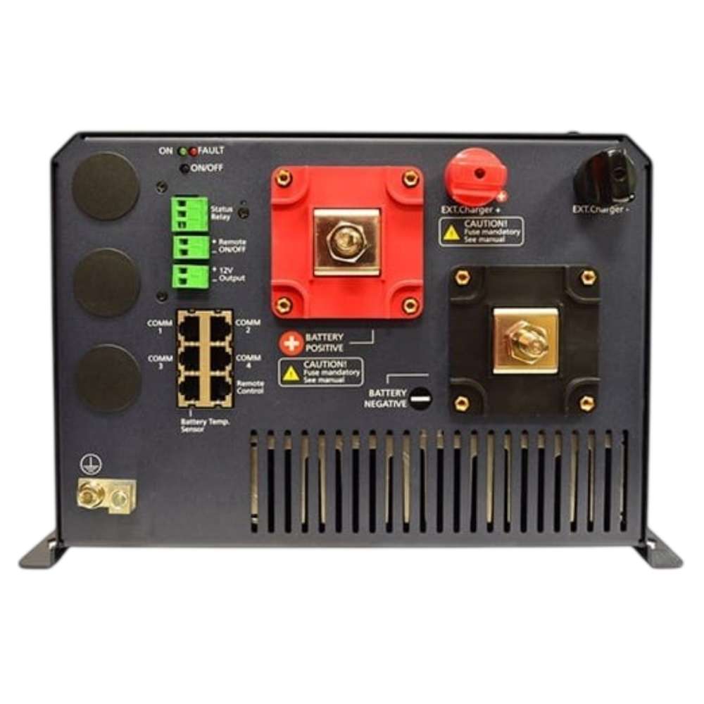 Samlex America Evolution Series EVO-3012 3000 Watts 12VDC Pure Sine Inverter/Charger is shown from the back with labeled battery terminals, ports, and cooling vents