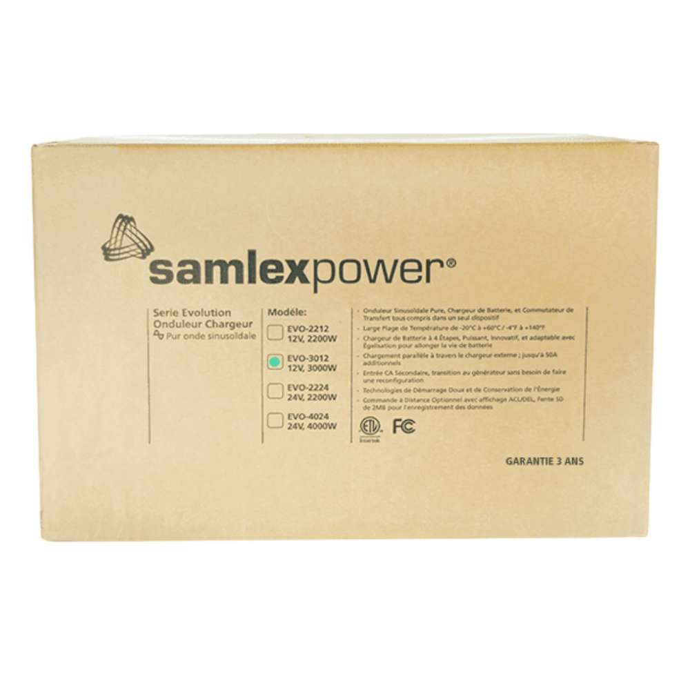 Samlex America Evolution Series EVO-3012 3000 Watts 12VDC Pure Sine Inverter/Charger is shown in its cardboard box with printed model and product information