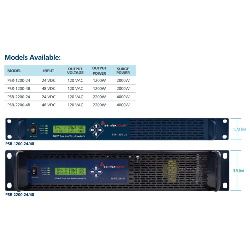 Samlex America PSR Series PSR-1200-24 1200 Watts 24VDC DC-AC Power Inverter with Transfer Relay shown in a comparison image highlighting different model sizes