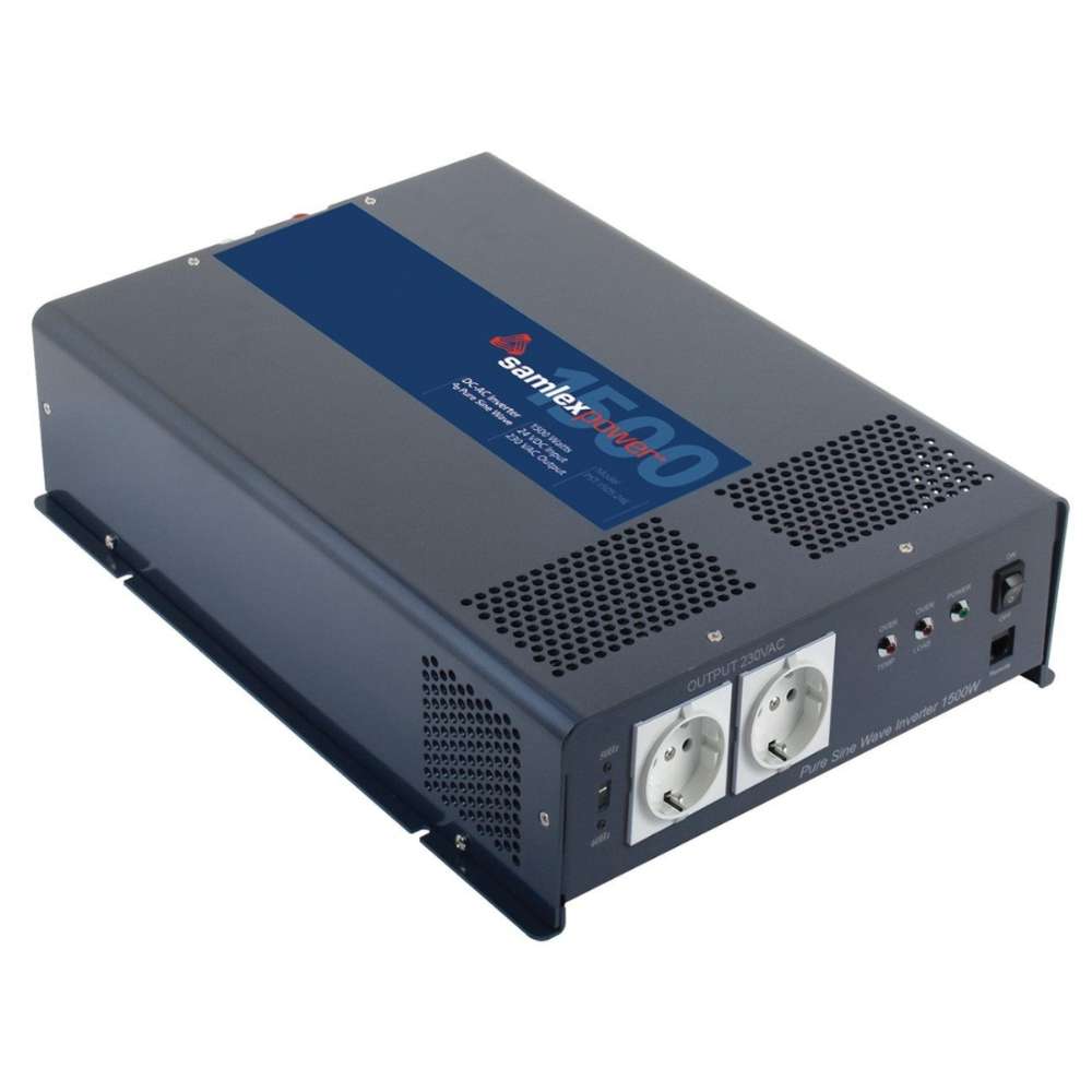 Samlex America PST Series PST-150S-24E 1500 Watts 24VDC Pure Sine Inverter - Export Version is a dark blue metal inverter with top vents and two power outlets on the front