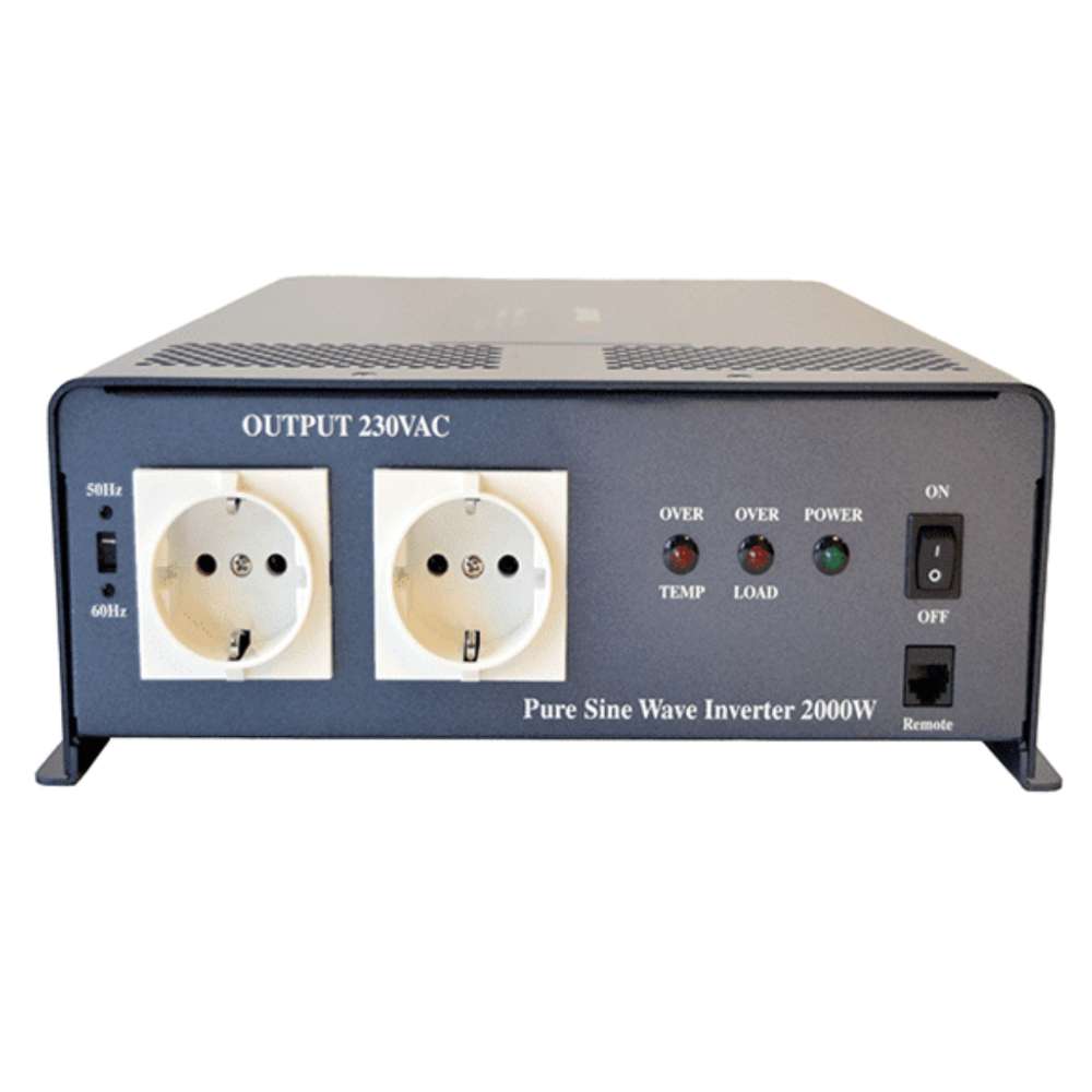 Samlex America PST Series PST-200S-12E 2000 Watts 12VDC Pure Sine Inverter - Export Version is shown from the front with two 230V outlets, indicator lights, and a power switch