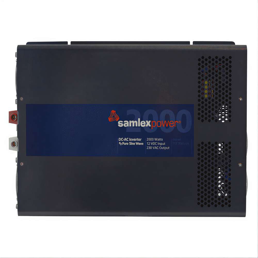 Samlex America PST Series PST-200S-12E 2000 Watts 12VDC Pure Sine Inverter - Export Version is shown from the side with a blue label and ventilation holes