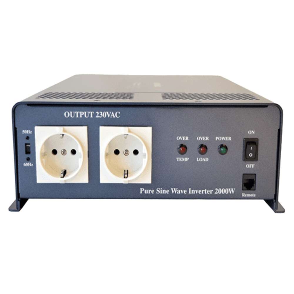 Samlex America PST Series PST-200S-24E 2000 Watts 24VDC Pure Sine Inverter - Export Version is shown from the front with two power outlets, indicator lights, and an on/off switch