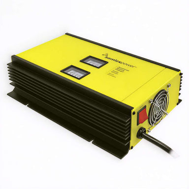 Samlex America SEC Series SEC-2440UL 24V 40 Amp Battery Charger is shown at an angle, highlighting its yellow casing, black cooling fins, and two top-mounted meters