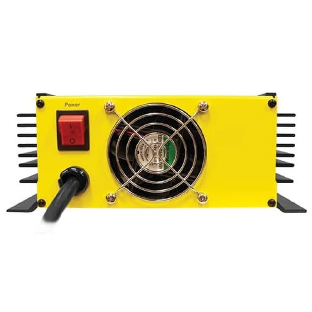 Samlex America SEC Series SEC-2440UL 24V 40 Amp Battery Charger is shown from the front with a cooling fan, red power switch, and attached power cord