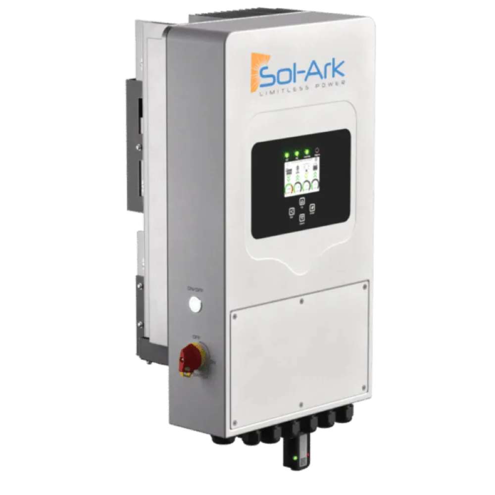 Shown from the side, the Sol-Ark 15kW Pre-Wired Hybrid Inverter System-SA-5K-1P reveals its depth, mounting hardware, and red emergency shutoff switch
