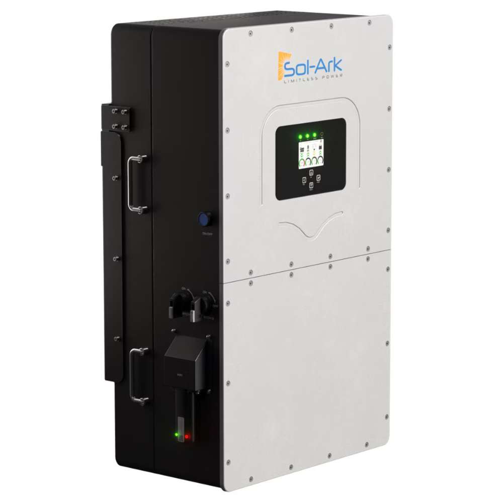 Side-angle view of the Sol-Ark 30kW Hybrid Inverter System - SA-30K-3P highlights its sturdy build, metal handles, and front control panel with indicator lights