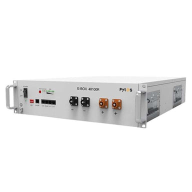 Side angle view of the metal rack battery unit with handles and connectors for Pytes E-Box 48100R 5.12kWH 51.2V 100Ah Lithium Battery Module-110402100129