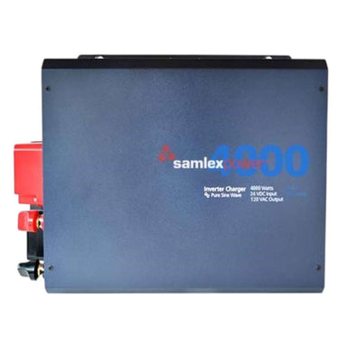 Side of the Samlex America Evolution Series EVO-4024 4000 Watts 24VDC Pure Sine Inverter/Charger with a blue metal body and printed power details