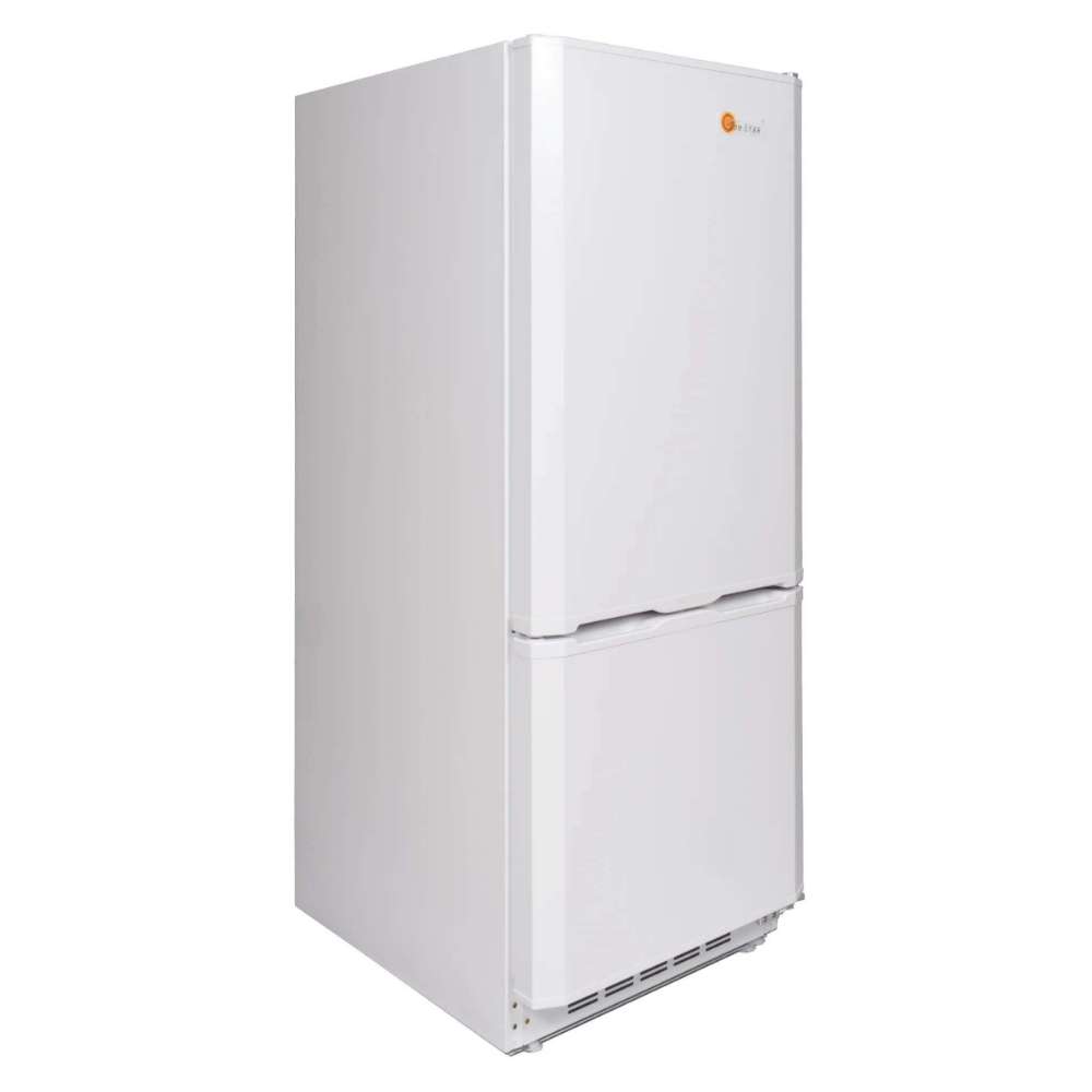 Side perspective of SunStar ST-10RF-W 10 cu.ft. DC/AC Refrigerator - White, emphasizing its depth, flat white sides, and sturdy build