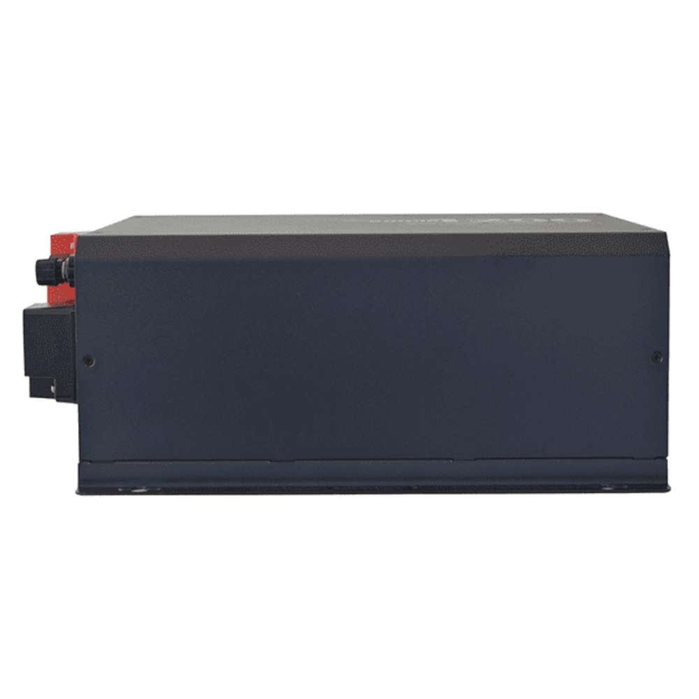 Side view of the Samlex America Evolution Series EVO-1212F-HW 1200 Watts 12VDC Pure Sine Inverter/Charger - Hardwired Unit with a solid metal casing