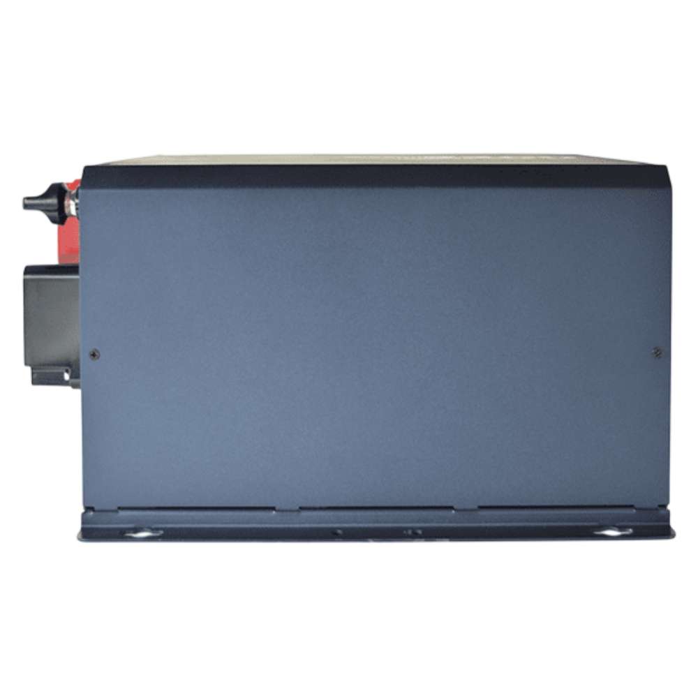 Side view of the Samlex America Evolution Series EVO-2212E 2200 Watts 12VDC Pure Sine Inverter/Charger - Export Version highlighting its rectangular blue metal housing