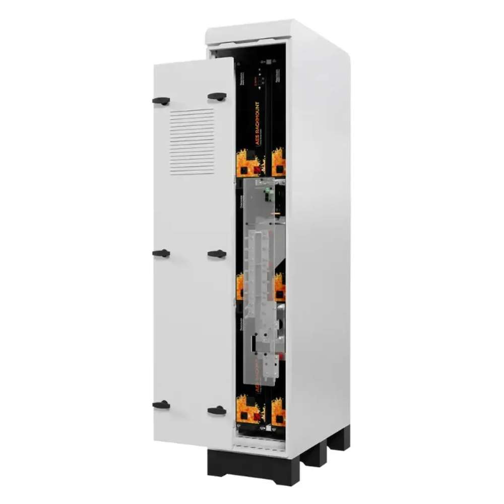 Side view shows the Discover Energy AES Rackmount ESS 30kWh Slimline Enclosure-950-0053 with its door half open, exposing internal battery components