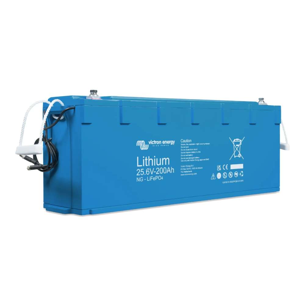 Side view shows the same blue battery with cables attached, identified as the Victron Energy 25.6V 200Ah NG LiFePO4 Lithium Battery-BAT524120620
