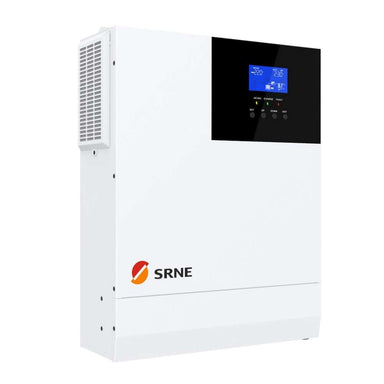 Side view shows theSRNE 5kW 48V Split Phase Off-Grid Solar Inverter/Charger-HF4850U80-H’s screen and cooling vent