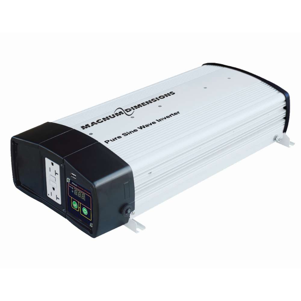 Silver-and-black power device with outlets and a display is shown, identified as the Magnum Energy CSW Series CSW2012-X 2000W 12VDC Pure Sine Wave Inverter