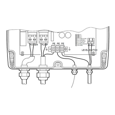 Simple wiring diagram of Grundfos GF96481502-V02 Switch Box that explains the internal layout and electrical connection