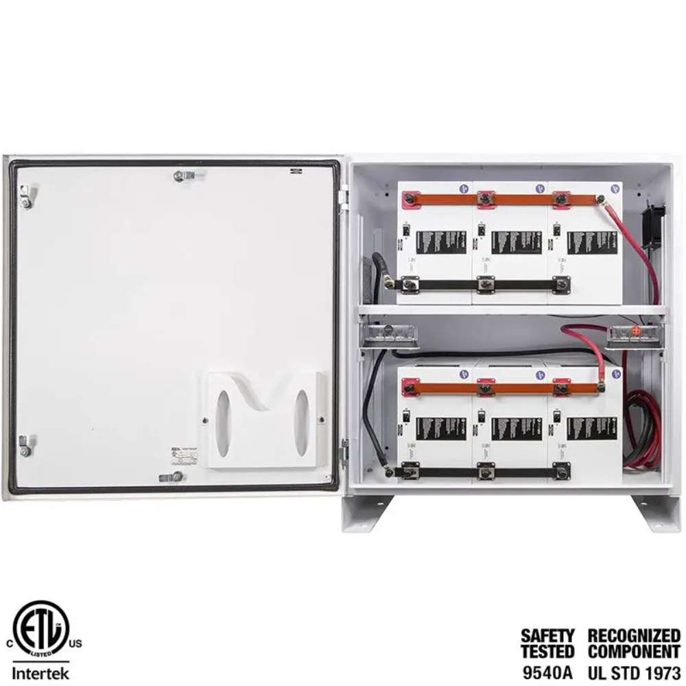Simpliphi by Briggs & Stratton BOSS-6 Battery Storage Cabinet (Up To 6 Batteries) is shown with the door open, revealing neatly arranged batteries, wiring, and internal safety components