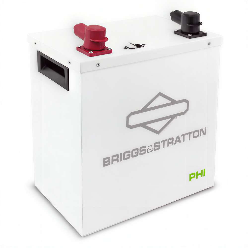 Simpliphi by Briggs & Stratton PHI-3.8-24-M 24 Volt 3.8kWh Lithium Battery shown in close-up highlighting the red terminal, black power switch, and warning labels on the rear panel