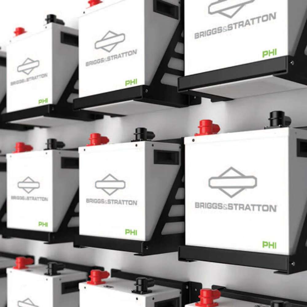 Simpliphi by Briggs & Stratton AMPLIPHI-3.8-48 48 Volt 3.8kWh Lithium Battery displayed in multiple units mounted in clean, organized rows on a wall with visible top terminals