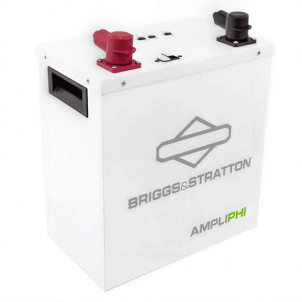 Simpliphi by Briggs & Stratton AMPLIPHI-3.8-48 48 Volt 3.8kWh Lithium Battery shown as a single upright white battery with a smooth metal body and top-mounted red and black connectors