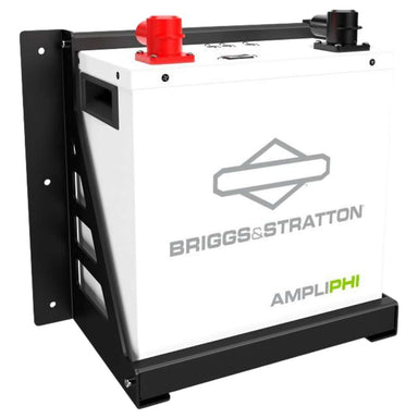 Simpliphi by Briggs & Stratton AMPLIPHI-3.8-48 48 Volt 3.8kWh Lithium Battery shown as a white rectangular battery mounted on a black metal wall bracket with red and black power terminals on top
