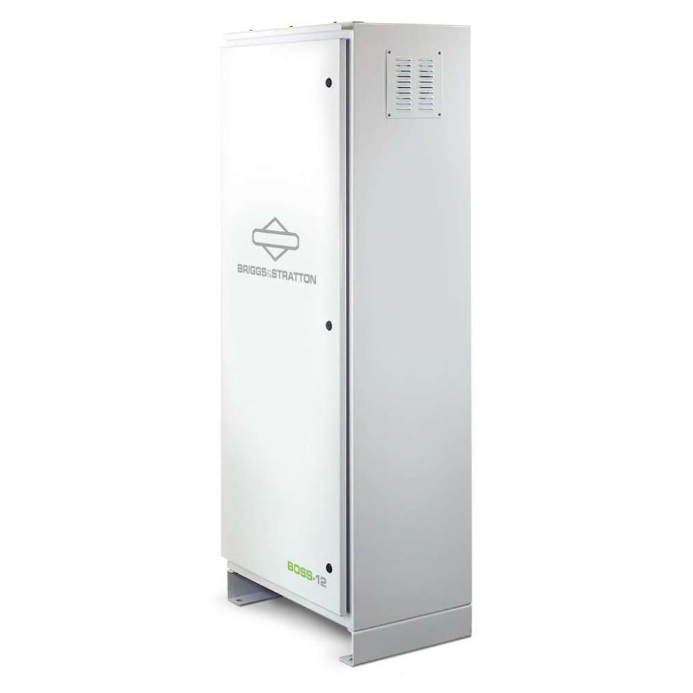 Simpliphi by Briggs & Stratton BOSS-12 Battery Storage Cabinet (Up To 12 Batteries) is shown from a side angle, highlighting its tall, slim, industrial metal design