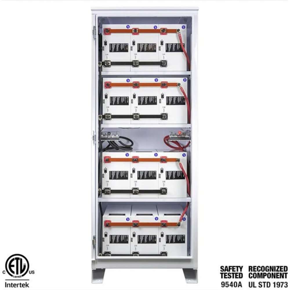 Simpliphi by Briggs & Stratton BOSS-12 Battery Storage Cabinet (Up To 12 Batteries) is shown open, revealing multiple rectangular batteries neatly stacked and connected inside the enclosure