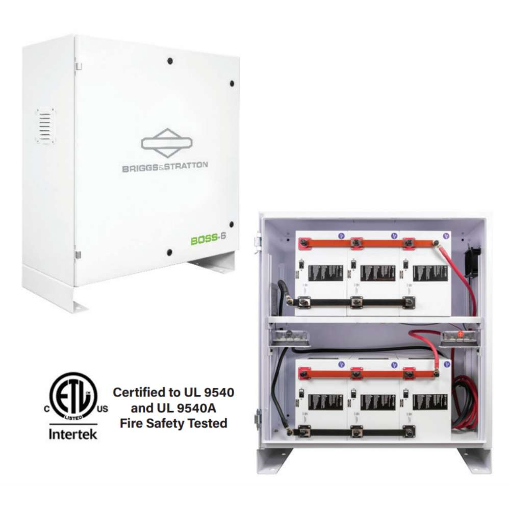 Simpliphi by Briggs & Stratton BOSS-6 Battery Storage Cabinet (Up To 6 Batteries) is shown in both open and closed views, displaying the exterior cabinet and the internal battery layout