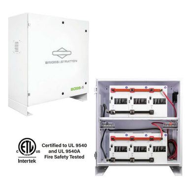 Simpliphi by Briggs & Stratton BOSS-6 Battery Storage Cabinet (Up To 6 Batteries) is shown in both open and closed views, displaying the exterior cabinet and the internal battery layout