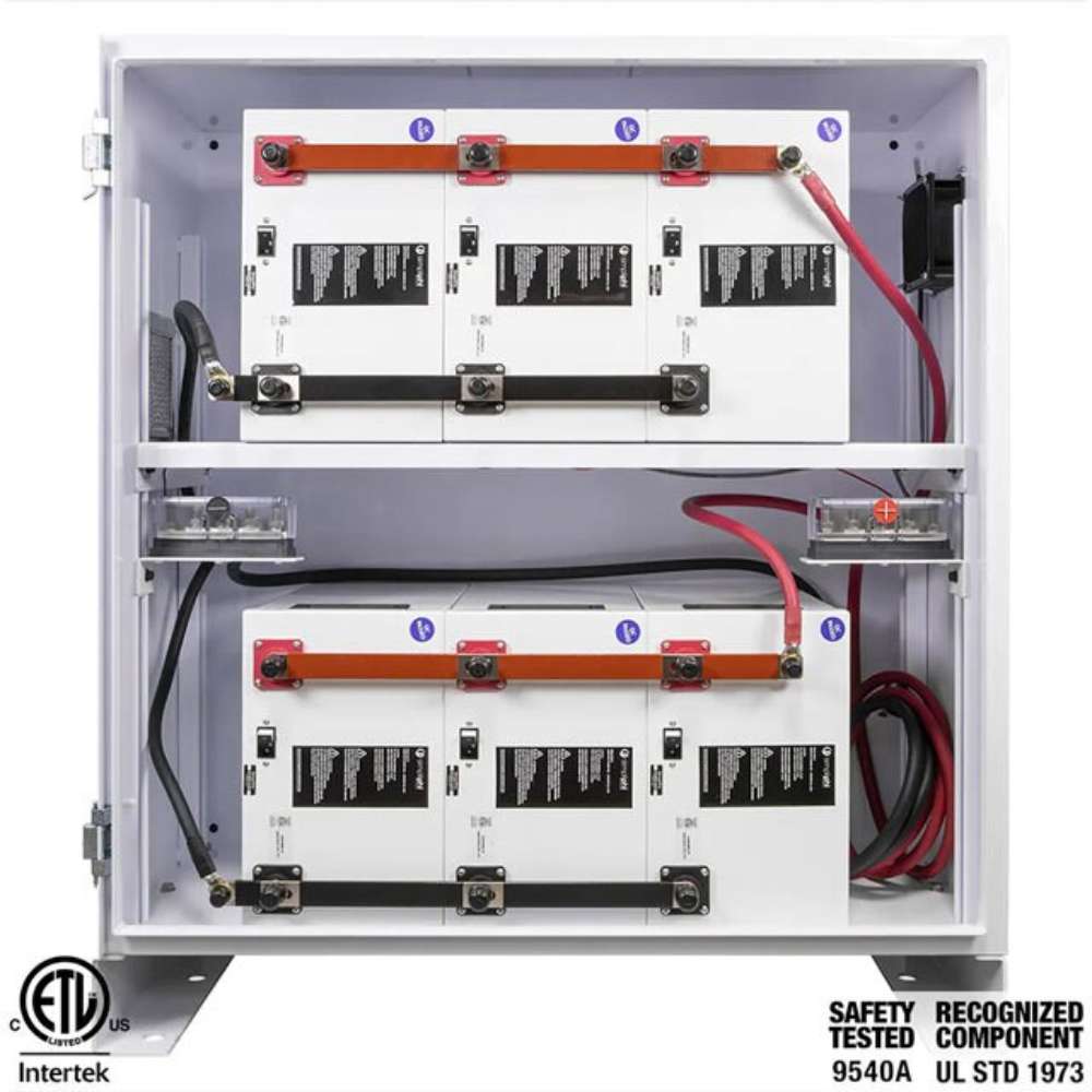 Simpliphi by Briggs & Stratton BOSS-6 Battery Storage Cabinet (Up To 6 Batteries) is shown open with six batteries stacked in two rows inside a white metal cabinet with visible power connections