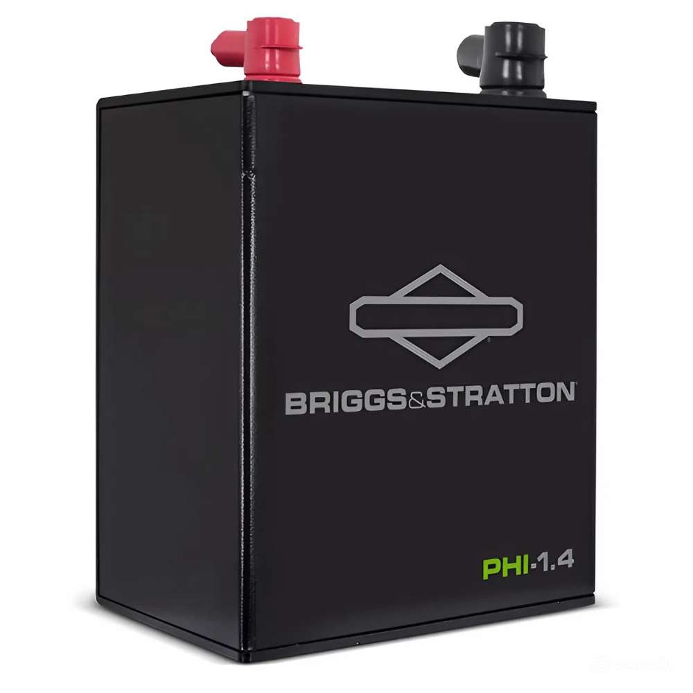 Simpliphi by Briggs & Stratton PHI-1.4-24-T 24 Volt 1.4kWh Lithium Battery displayed as a black rectangular unit with red and black terminals on top