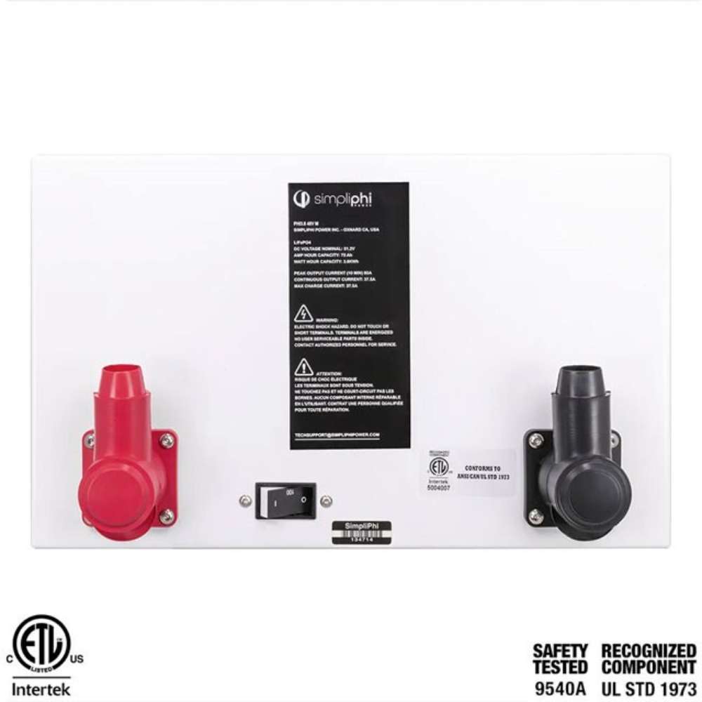 Simpliphi by Briggs & Stratton PHI-3.8-24-M 24 Volt 3.8kWh Lithium Battery shown from the back with red and black power terminals, a small on/off switch, and safety labels on a white metal panel