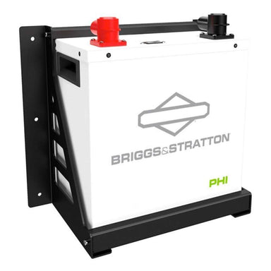 Simpliphi by Briggs & Stratton PHI-3.8-48-M 48 Volt 3.8kWh Lithium Battery shown at an angle on a black mounting bracket with top connectors visible