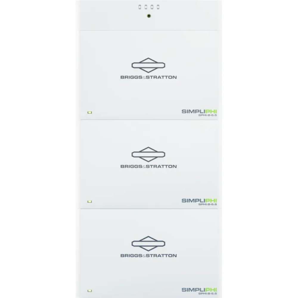 Simpliphi by Briggs & Stratton SPHI-B-6.6BA 6.6kWh Stackable Lithium Battery shown as three identical white units stacked vertically to demonstrate expandability