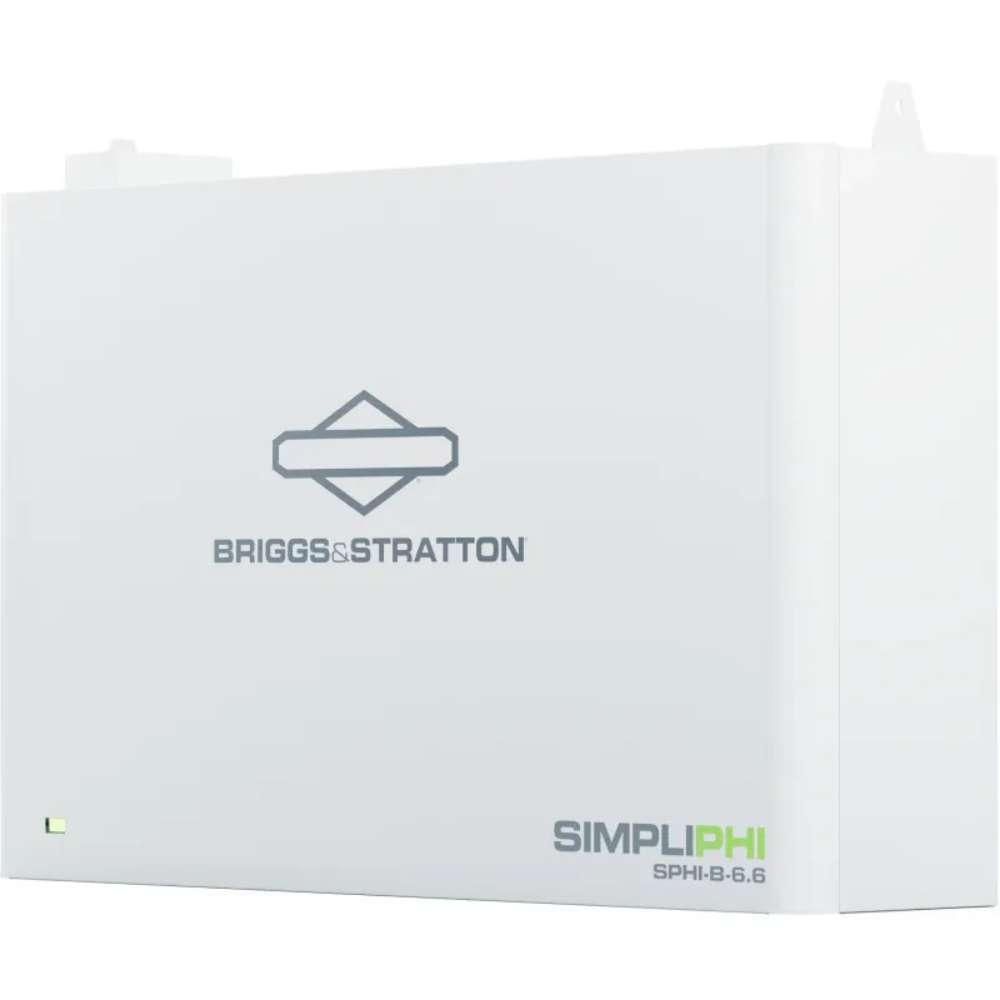 Simpliphi by Briggs & Stratton SPHI-B-6.6BA 6.6kWh Stackable Lithium Battery shown at an angled view emphasizing its clean edges and wall-mounted design