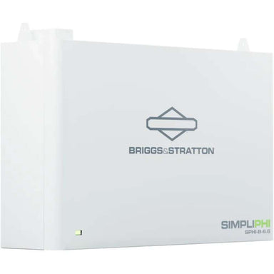 Simpliphi by Briggs & Stratton SPHI-B-6.6BA 6.6kWh Stackable Lithium Battery shown from a slight angle to highlight its slim profile and solid white casing
