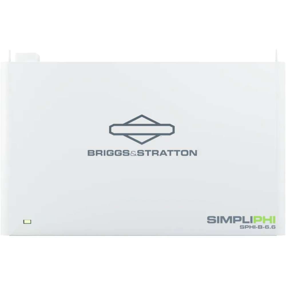 Simpliphi by Briggs & Stratton SPHI-B-6.6BA 6.6kWh Stackable Lithium Battery shown front-facing as a single white rectangular unit with a centered logo and small status light
