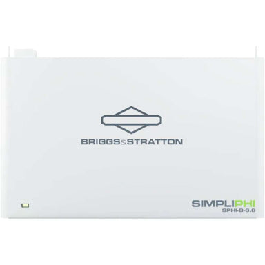 Simpliphi by Briggs & Stratton SPHI-B-6.6BA 6.6kWh Stackable Lithium Battery shown front-facing as a single white rectangular unit with a centered logo and small status light