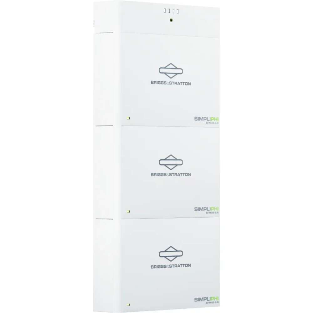 Simpliphi by Briggs & Stratton SPHI-B-6.6BC 6.6kWh Stackable Lithium Battery displayed as a tall vertical stack of three clean white battery units with centered branding