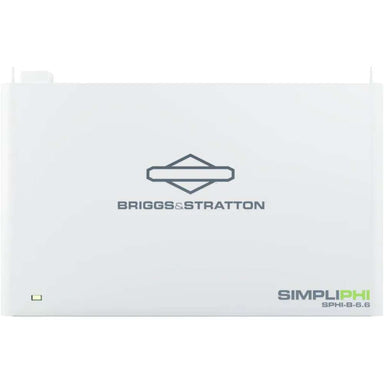 Simpliphi by Briggs & Stratton SPHI-B-6.6BC 6.6kWh Stackable Lithium Battery shown as a single white rectangular battery viewed straight on with a logo and small status light