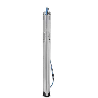 Single stainless-steel submersible pump with a blue cable, resembling the Grundfos 10 SQ05-160 SQ Series Solar Submersible Pump | 10 GPM | 1/2 HP | 160 Ft | 120 VAC