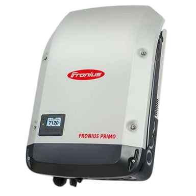 Sleek wall-mounted solar inverter with a small display screen is shown in close-up, representing Fronius Primo Inverter-10.0kW-4,210,075,800