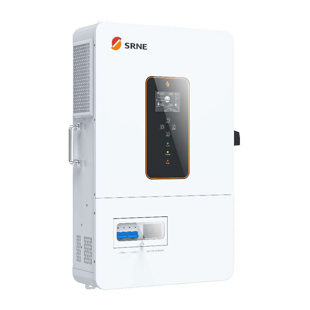 Slightly angled front-left view of an SRNE 10KW 48V Split Phase Off-Grid Solar Inverter/Charger-ABP48100U200-H, revealing its digital display, side ventilation, and sturdy metal construction