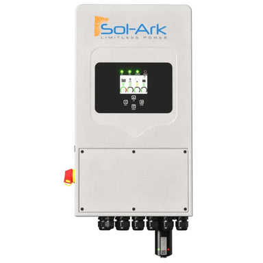 Sol-Ark 15kW Pre-Wired Hybrid Inverter System-SA-5K-1P is shown as a light gray, wall-mounted inverter with a central screen, bottom cable ports, and a red emergency shutoff
