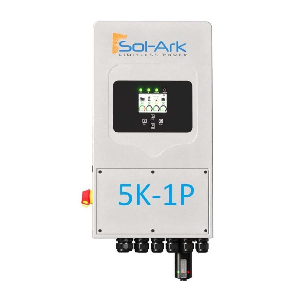 Sol-Ark 15kW Pre-Wired Hybrid Inverter System-SA-5K-1P is shown head-on with “5K-1P” labeling, a central display, and neatly arranged bottom ports