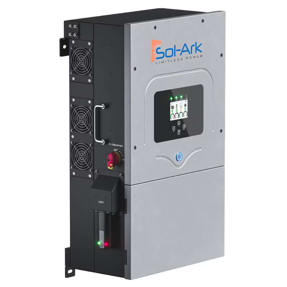 Sol-Ark 18kW Hybrid Inverter System - SA-18K-2P is a gray power inverter with side fans, a touchscreen, and labeled controls