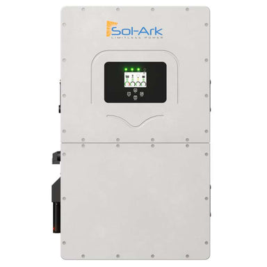 Sol-Ark 30kW Hybrid Inverter System - SA-30K-3P is shown standing upright with its logo visible at the top and a glowing screen at the center