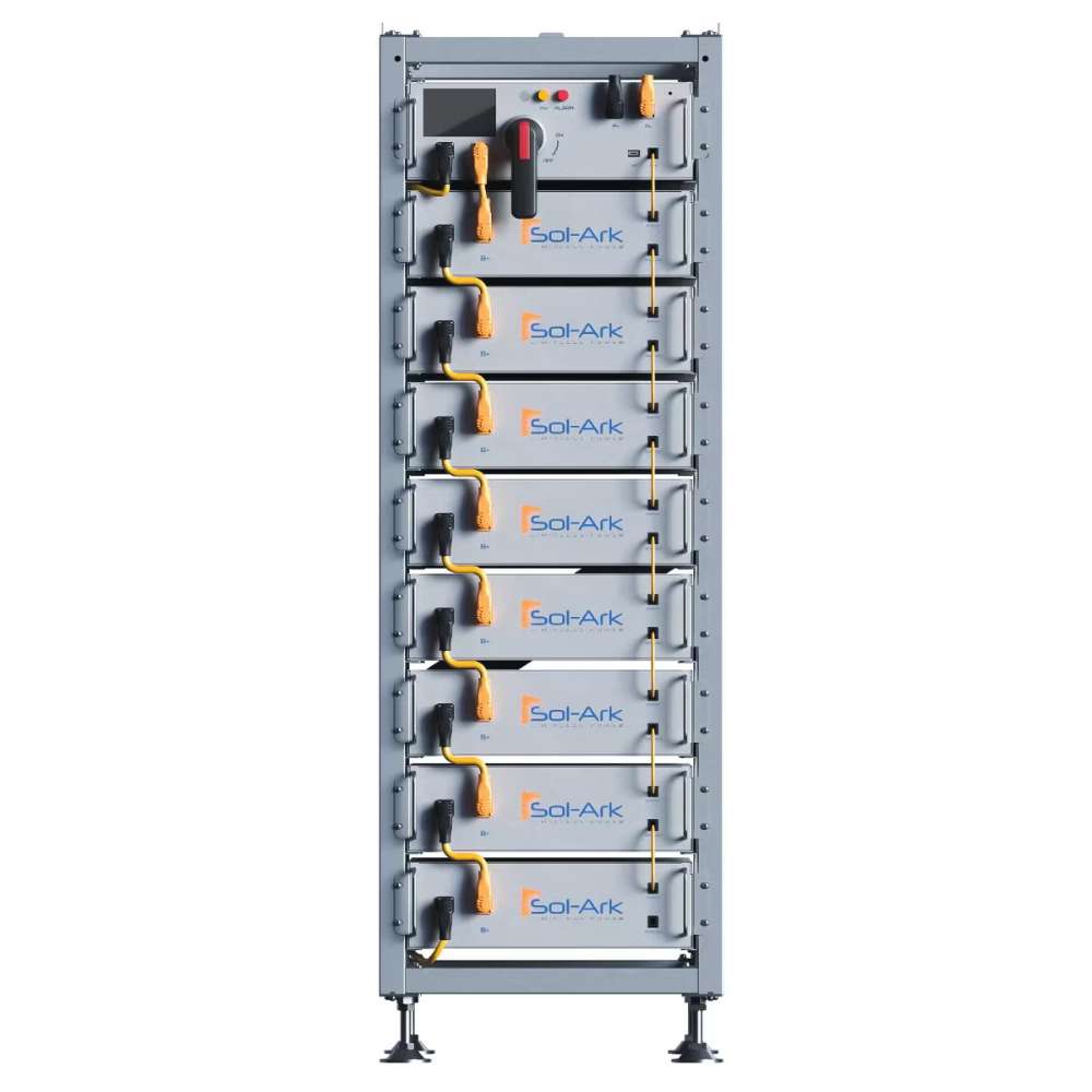 Sol-Ark 40 kWh Indoor Lithium Battery System - L3-HV-40KWH is shown in a tall, metal rack configuration with multiple stacked battery modules connected by bright yellow cables