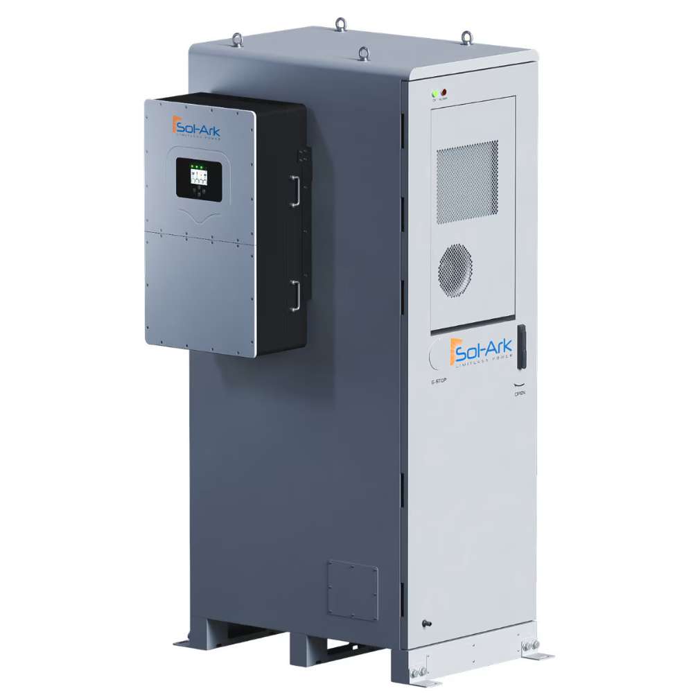 Sol-Ark 60 kWh Outdoor Lithium Battery System - L3-HVR-60KWH appears closed with a side control unit on a sleek gray body